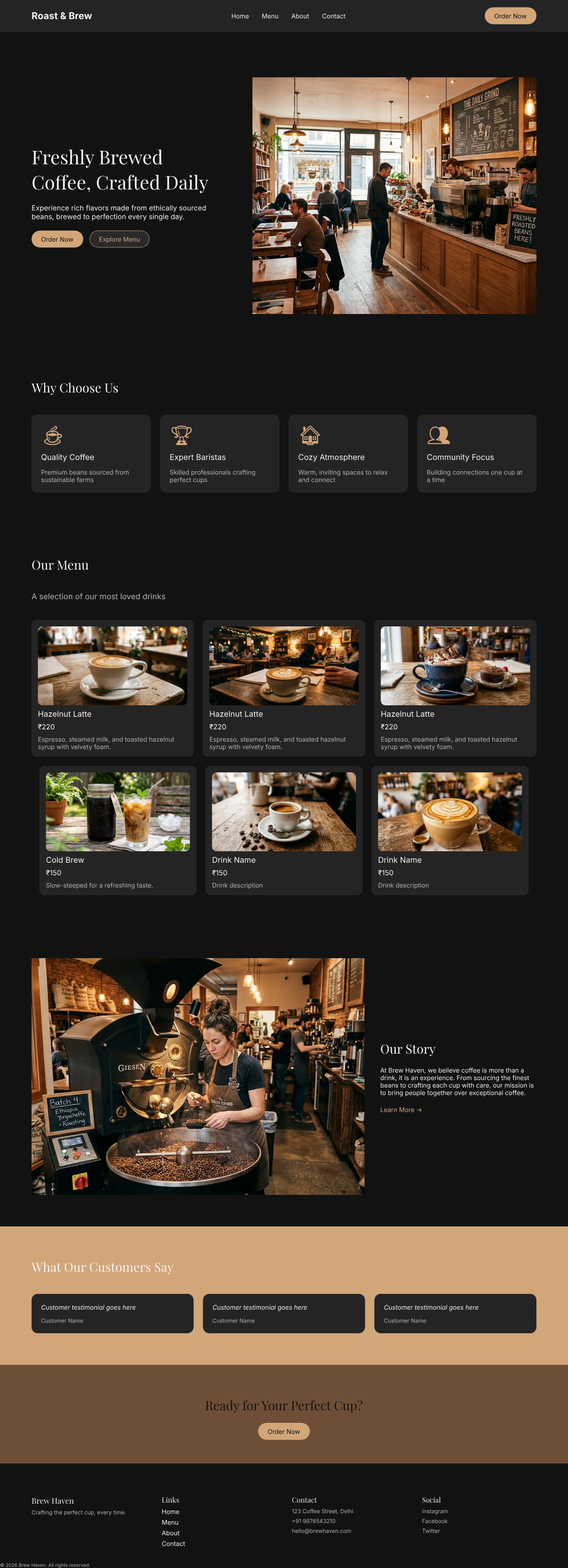 Coffee shop desktop landing page