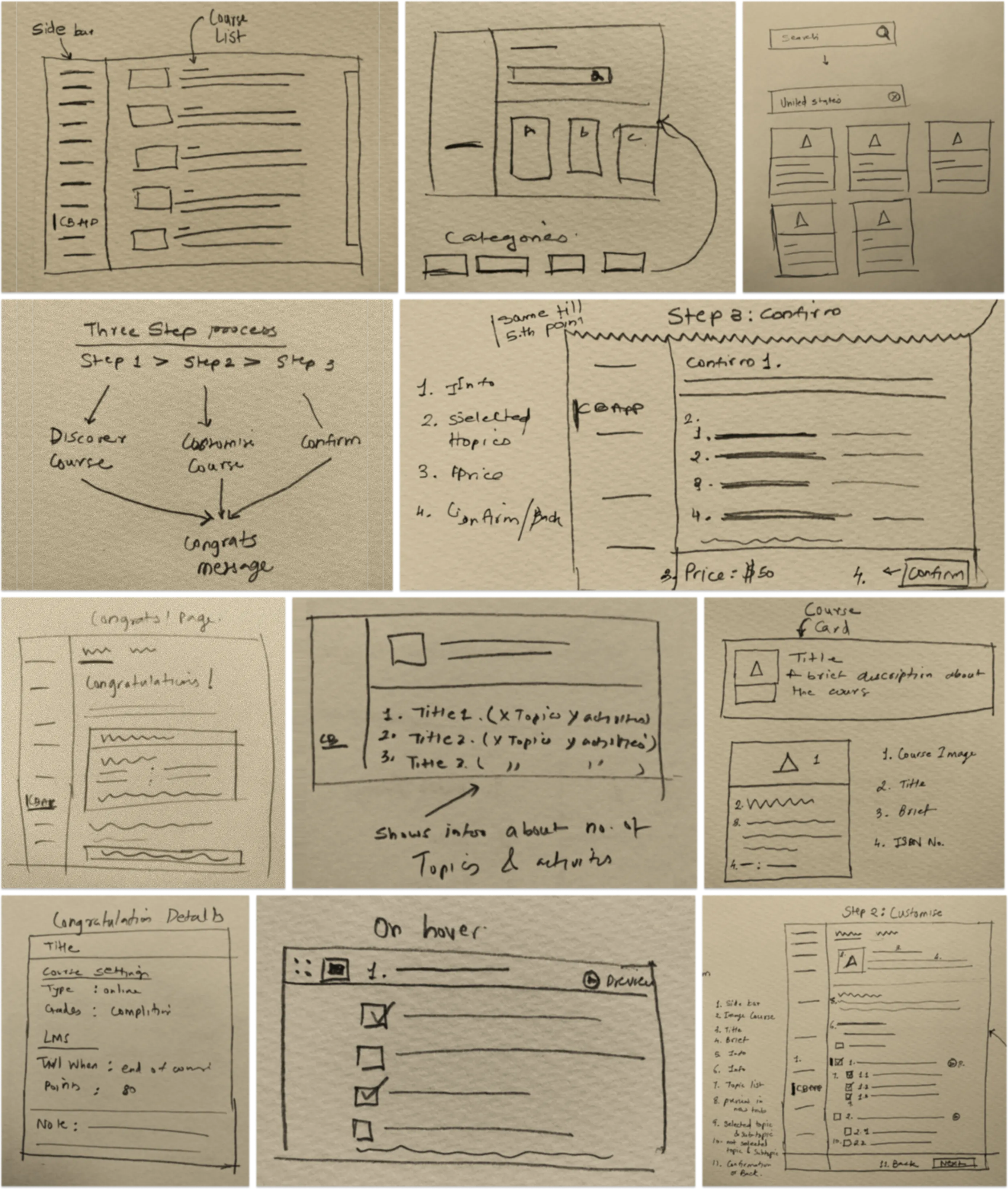 Low-fidelity wireframes for the course adoption flow
